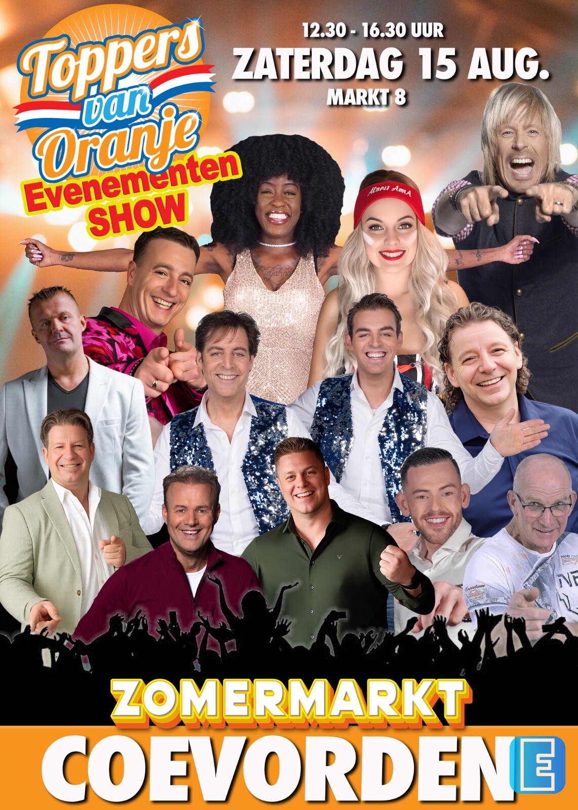 Promotieposter voor een evenement met portretten van meerdere artiesten en presentatoren. Op de poster staan de datum en tijd, de aanduiding ‘Zomermarkt’ en de plaatsnaam Coevorden.