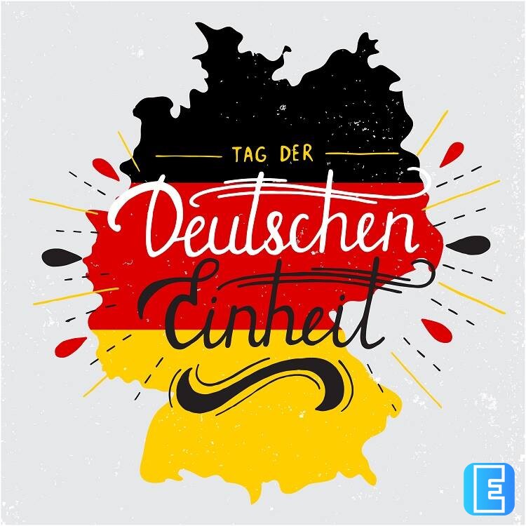 Grafische illustratie met de tekst ‘TAG DER Deutschen Einheit’ in zwarte, rode en gele vlakken. Rond de tekst staan decoratieve lijnen en penseelstreken op een lichte achtergrond.